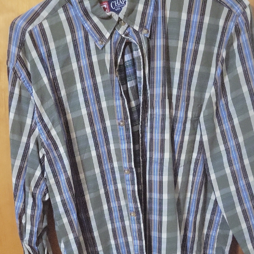 Chaps Men's Blue and Green Striped Shirt
